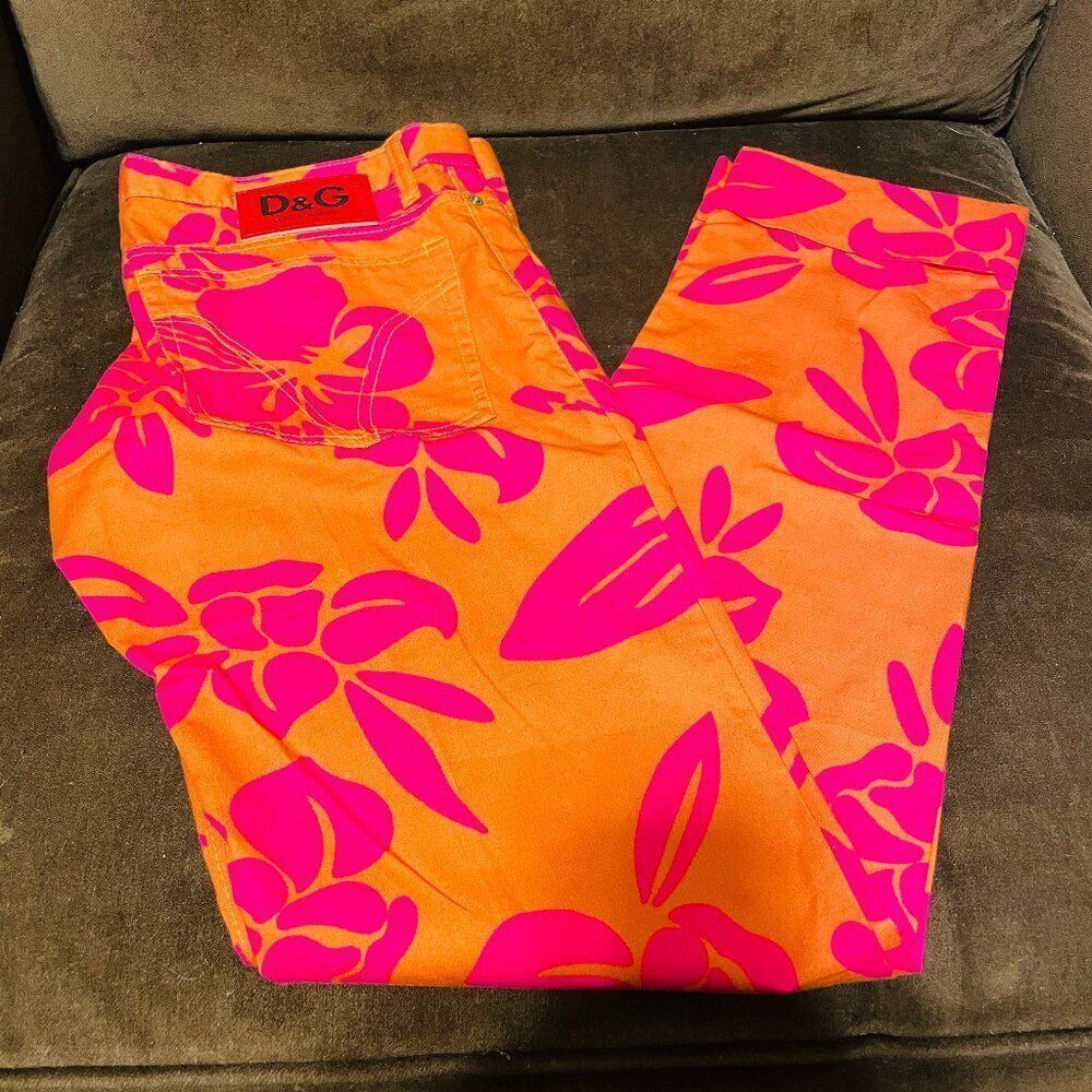 Dolce & Gabbana Vintage Women 34 Floral Hawaiian Cotton Pants Pink Orange 48